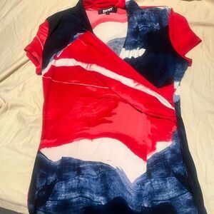 DKNY Red White and Navy Short-Sleeve Faux-Wrap Top